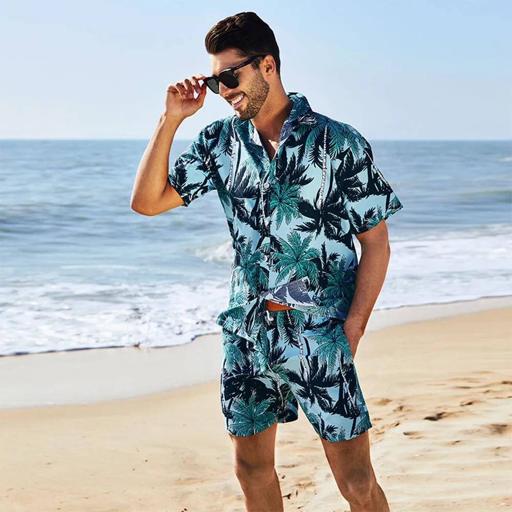 Men's Short Sleeve Coconut Tree Print 2 Pieces Outfit Set Short & Buttons Shirts | ST01