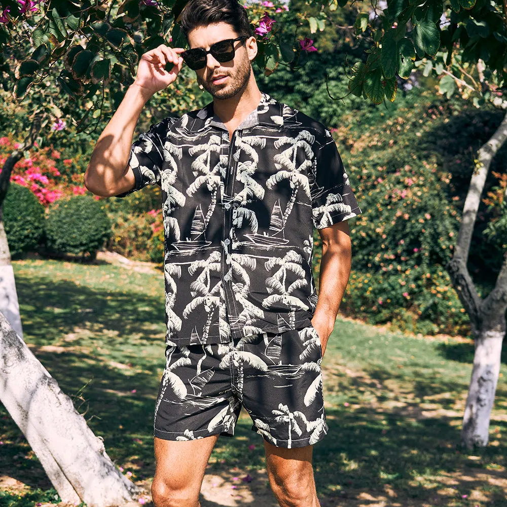 Men's Short Sleeve Coconut Tree Print 2 Pieces Outfit Set Short & Buttons Shirts | ST01