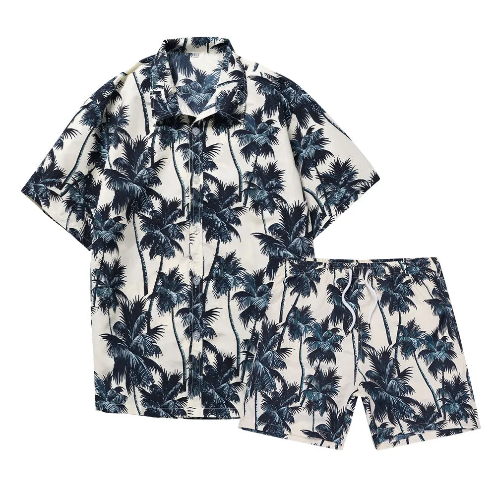 Men's Short Sleeve Coconut Tree Print 2 Pieces Outfit Set Short & Buttons Shirts | ST01