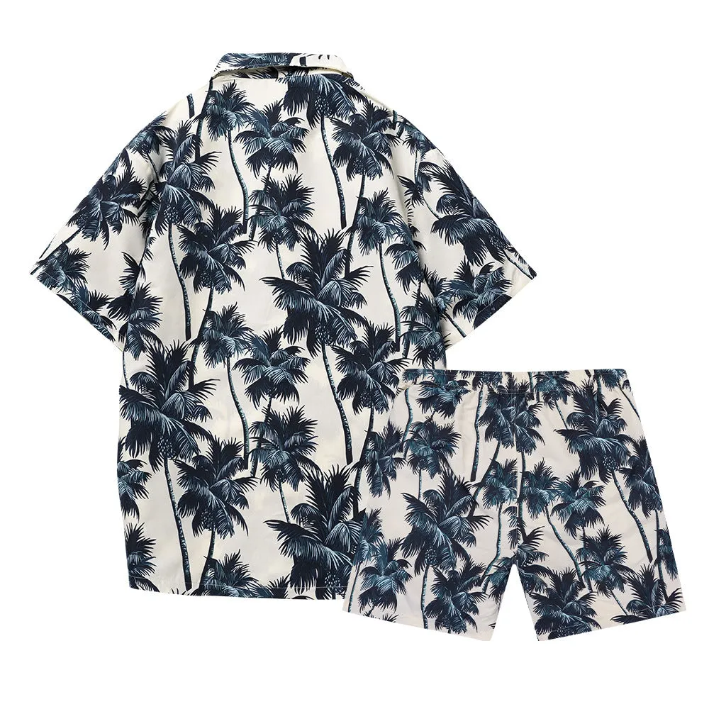 Men's Short Sleeve Coconut Tree Print 2 Pieces Outfit Set Short & Buttons Shirts | ST01