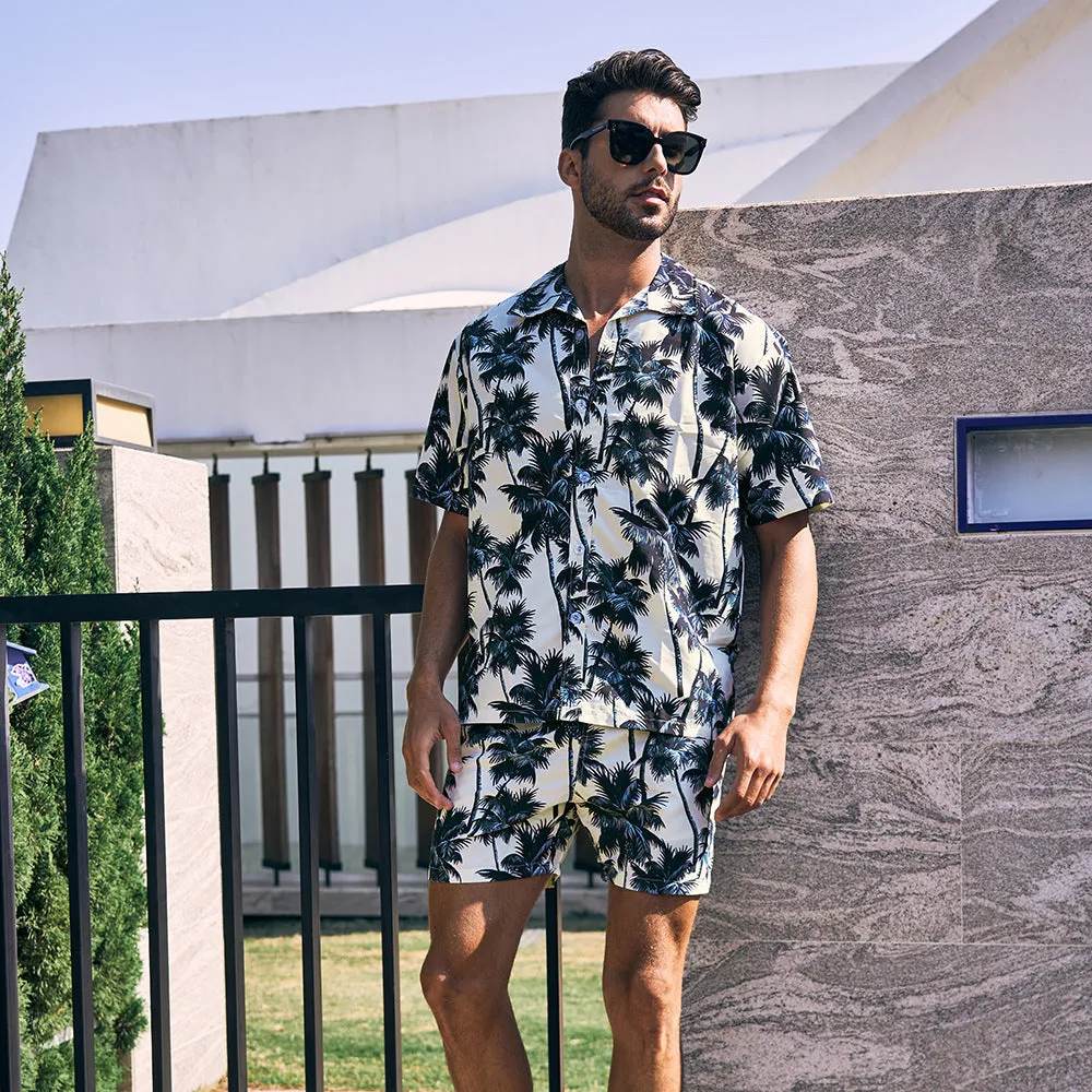 Men's Short Sleeve Coconut Tree Print 2 Pieces Outfit Set Short & Buttons Shirts | ST01