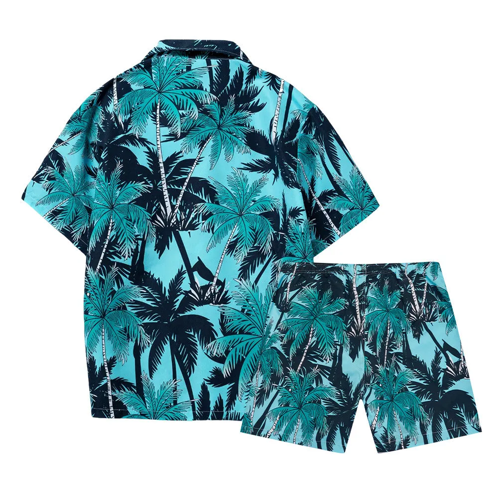 Men's Short Sleeve Coconut Tree Print 2 Pieces Outfit Set Short & Buttons Shirts | ST01