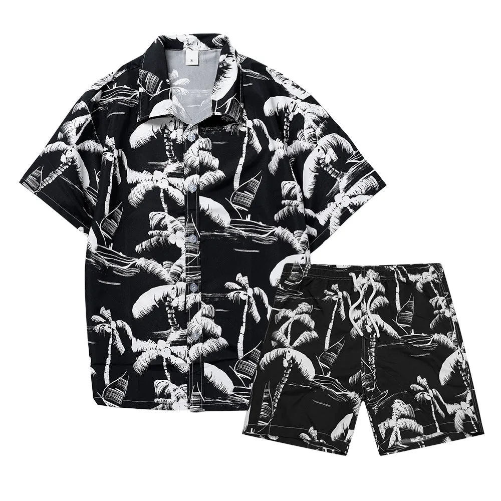 Men's Short Sleeve Coconut Tree Print 2 Pieces Outfit Set Short & Buttons Shirts | ST01