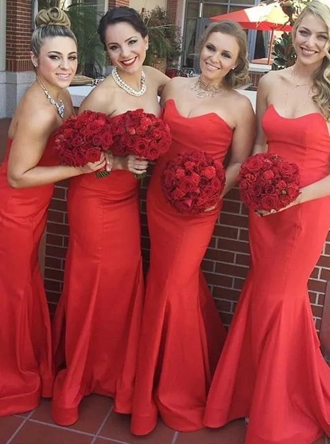 Mermaid Sleeveless Sweep Train Red Satin Bridesmaid Dress (BMA20164)