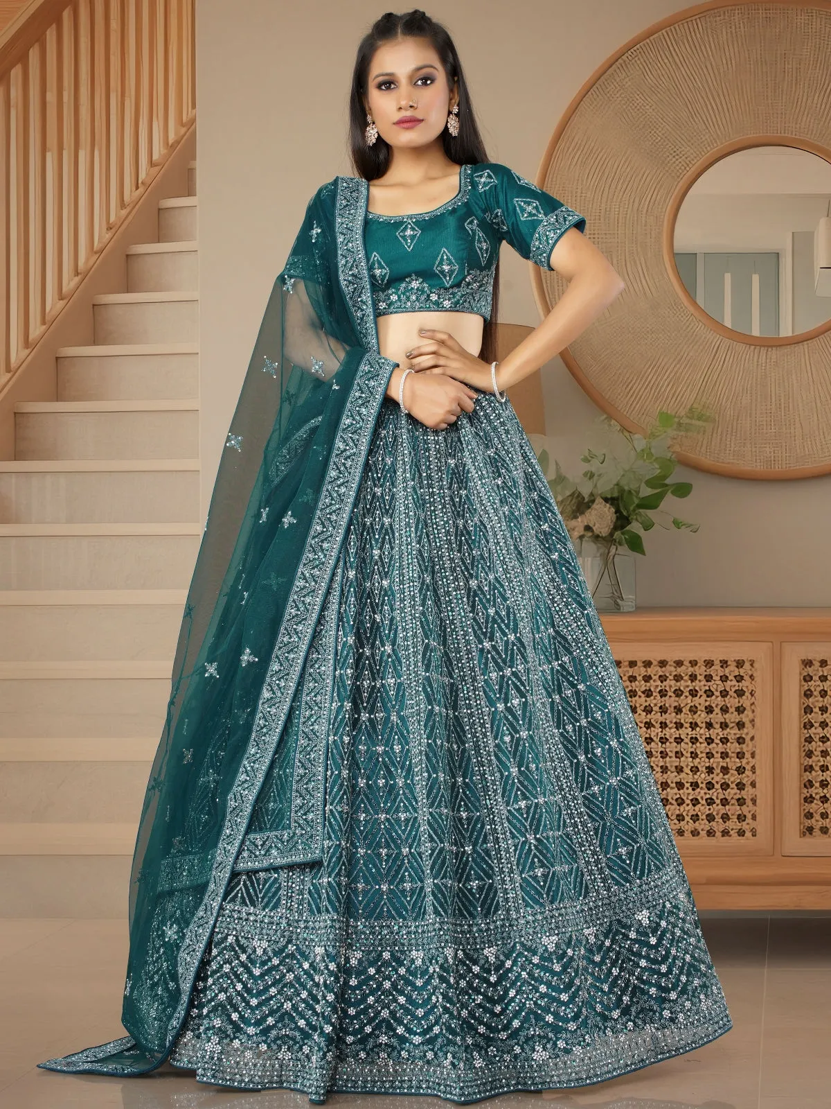 Odette  Teal Soft Net Semi Stitched  Lehenga With Unstitched Blouse For Women