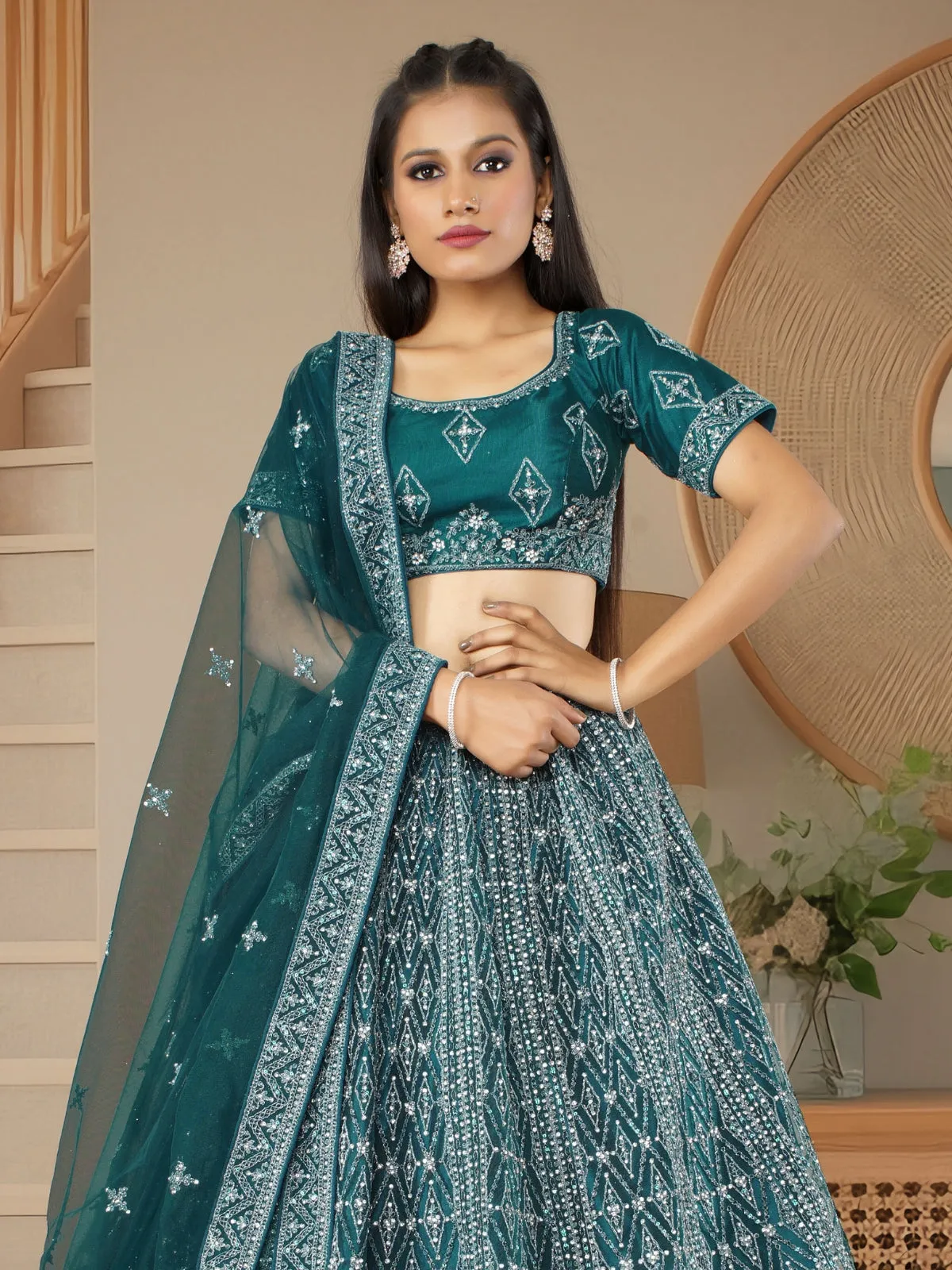 Odette  Teal Soft Net Semi Stitched  Lehenga With Unstitched Blouse For Women