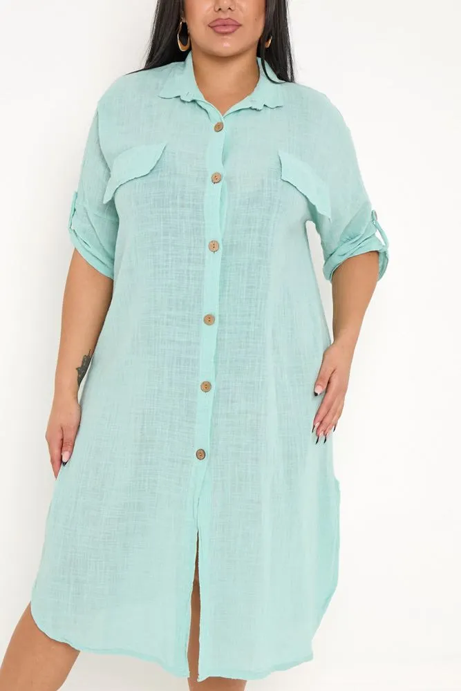 Plain Button Up Round Hem Cotton Long Shirt