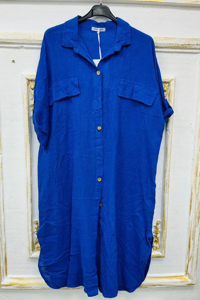 Plain Button Up Round Hem Cotton Long Shirt