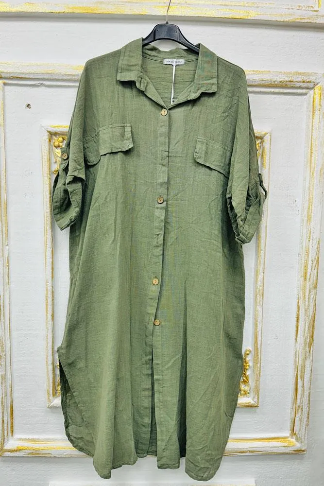 Plain Button Up Round Hem Cotton Long Shirt