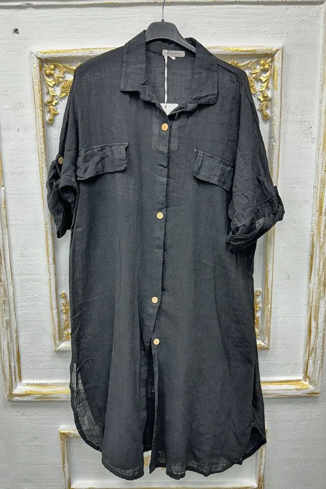 Plain Button Up Round Hem Cotton Long Shirt