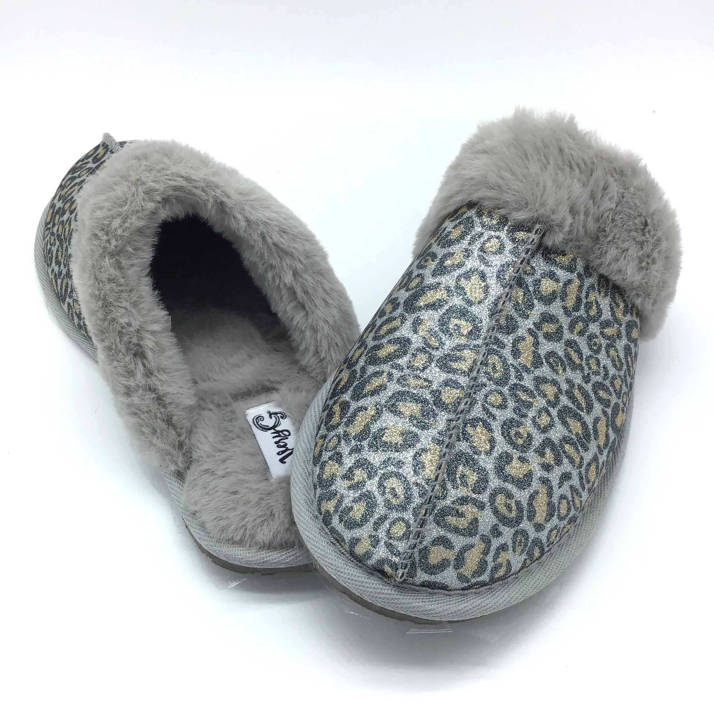 "Diggy" Grey Leopard Faux Fur Slipper