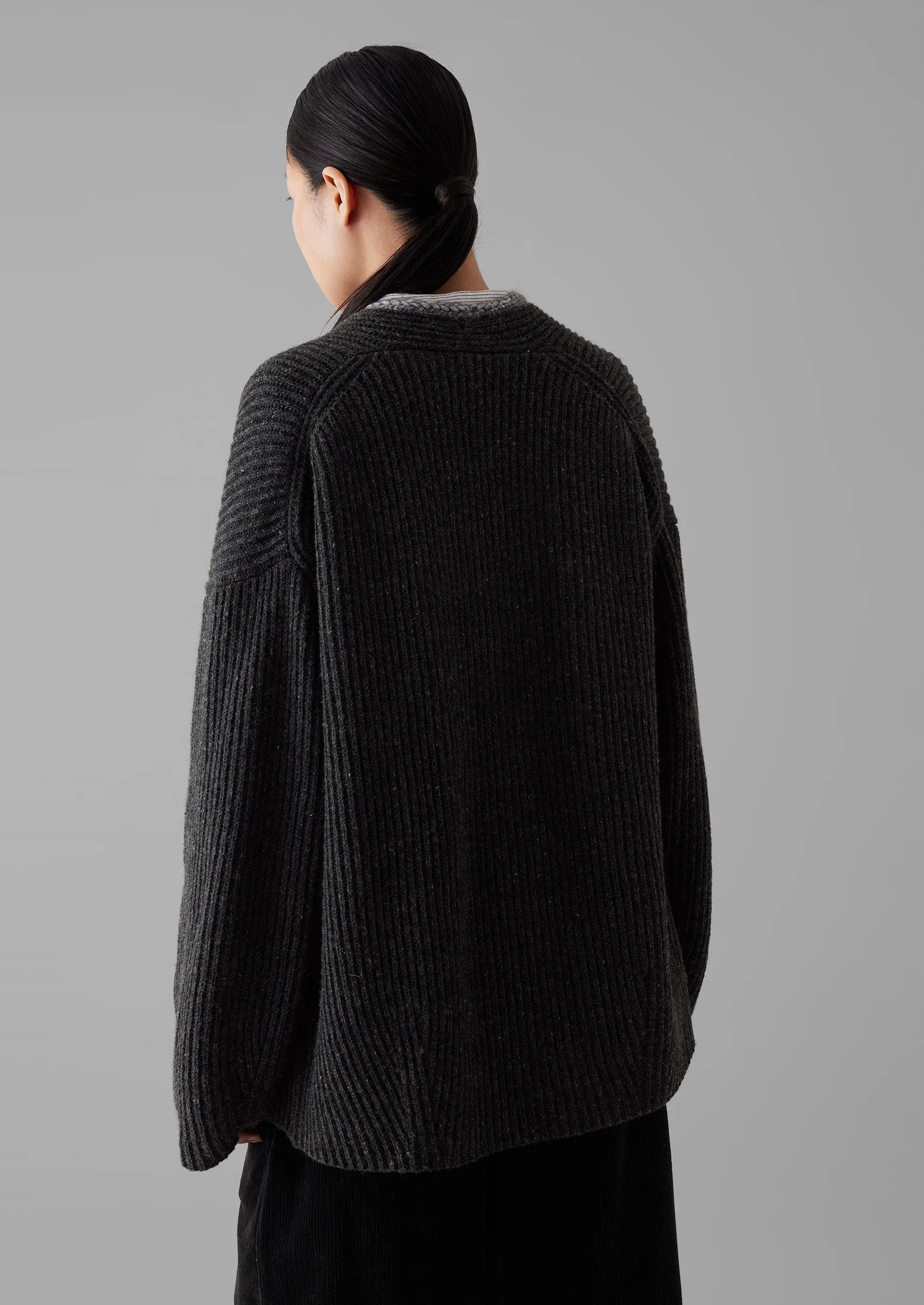 Ribbed Wool Knitted Cardigan | Charcoal