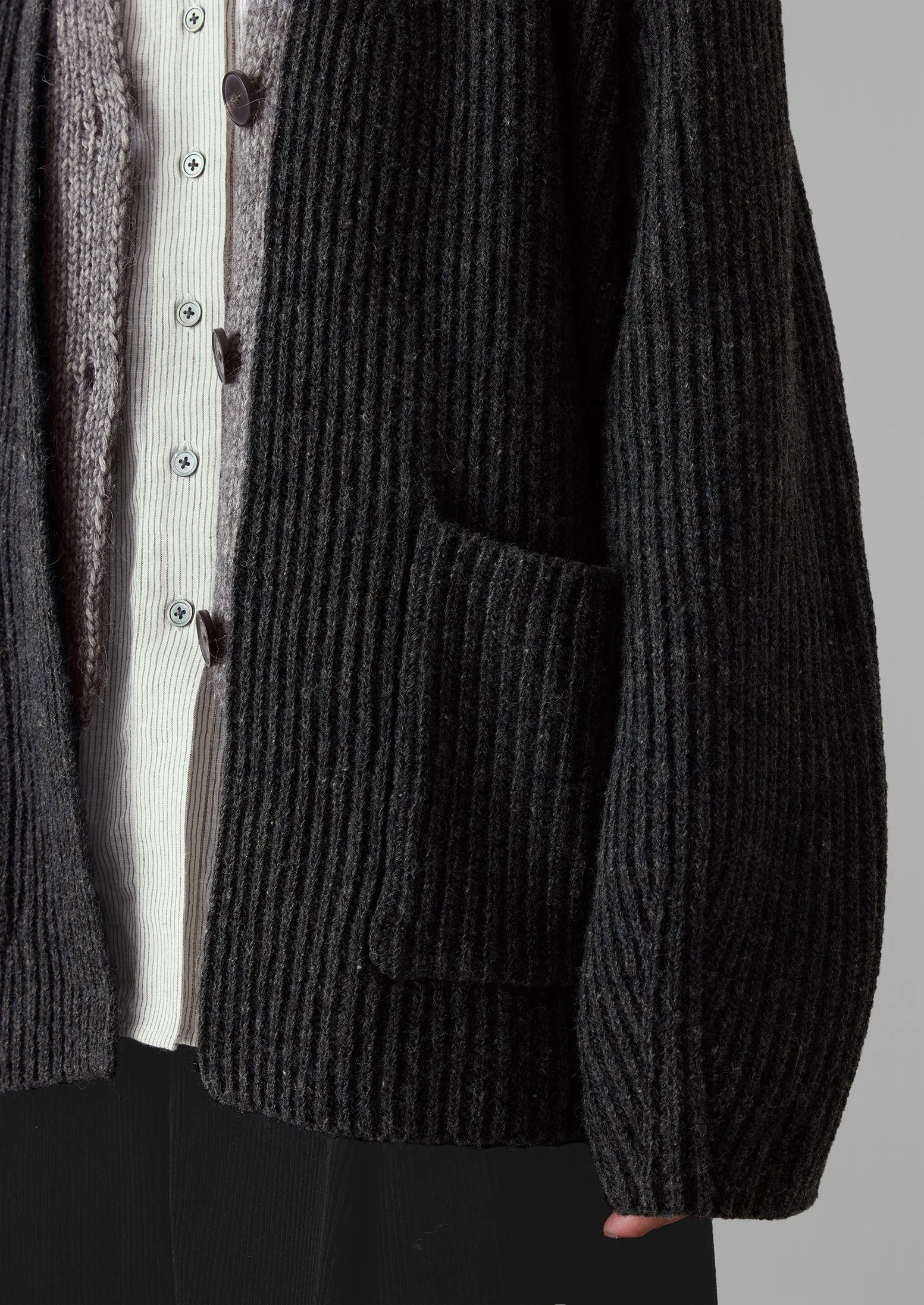 Ribbed Wool Knitted Cardigan | Charcoal