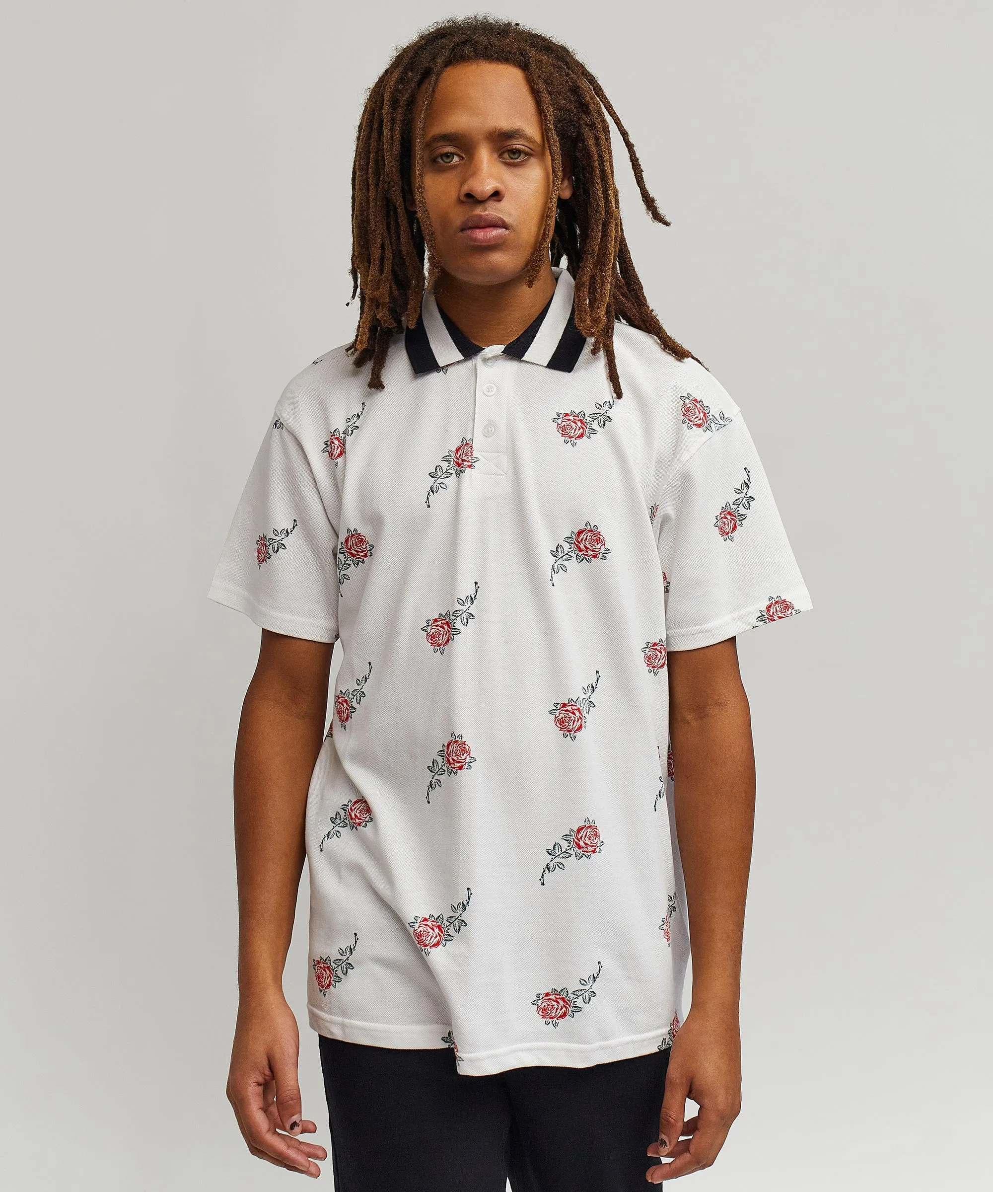 Rose Allover Print Polo - White