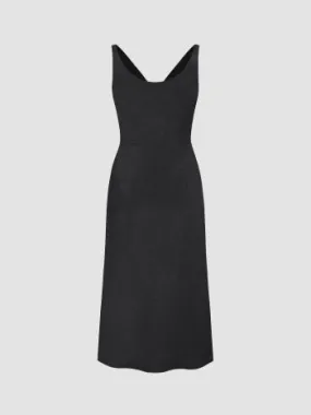 Satin cowl neck texture solid midi dress in black