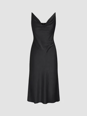 Satin cowl neck texture solid midi dress in black