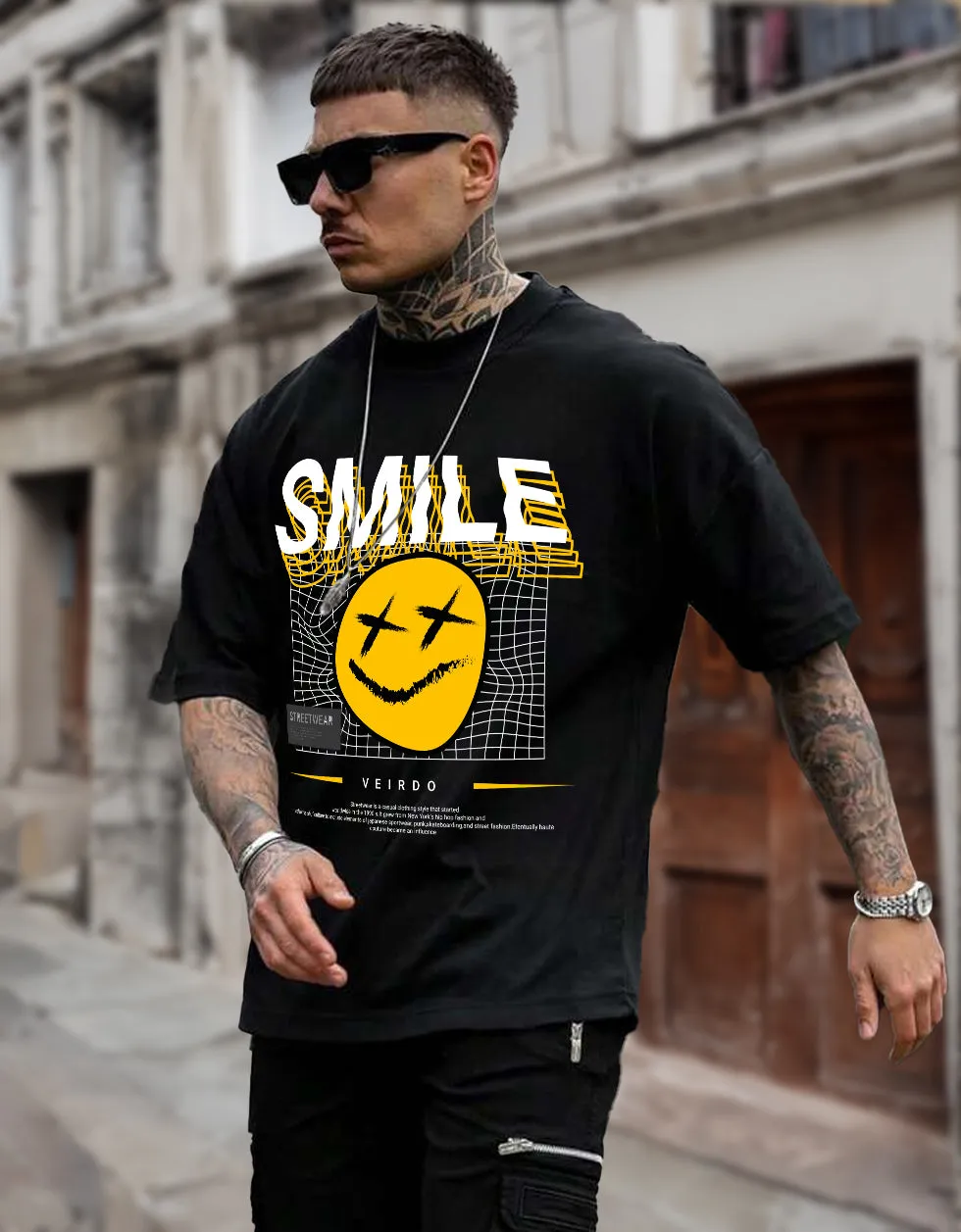 Smile Black Oversized Chest Graphic Printed Tshirt