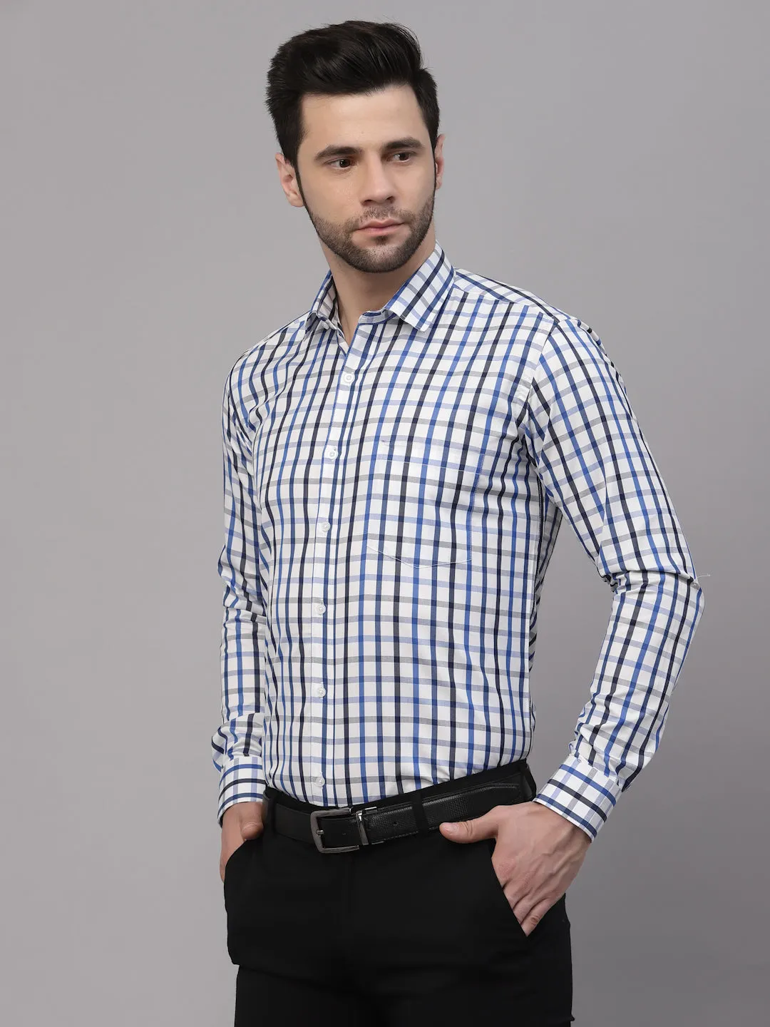 Style Quotient Men White And Royal Blue Checks Yarn Dyed PolyCotton Regular Formal Shirt