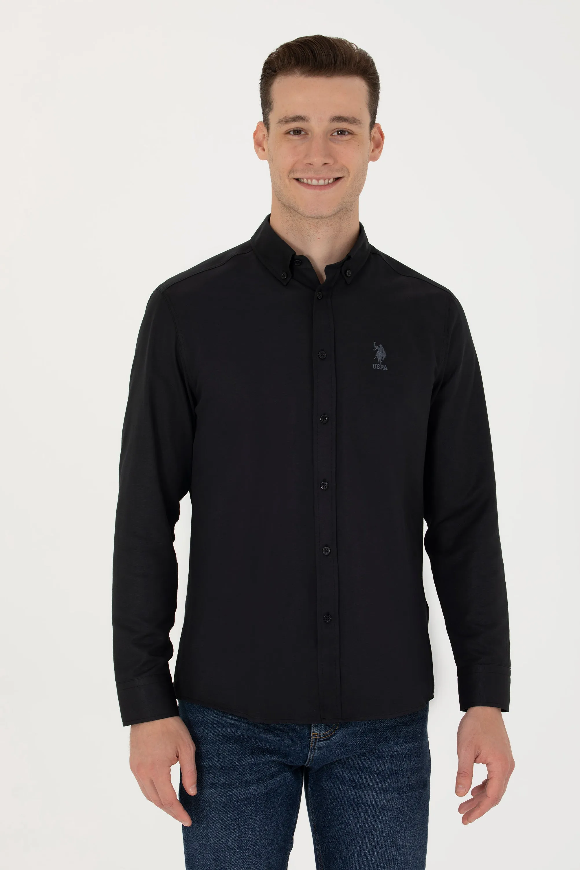 USPA Shirt Men Black VR046 USPSH333 Slim Full Sleeve US Polo Assn.