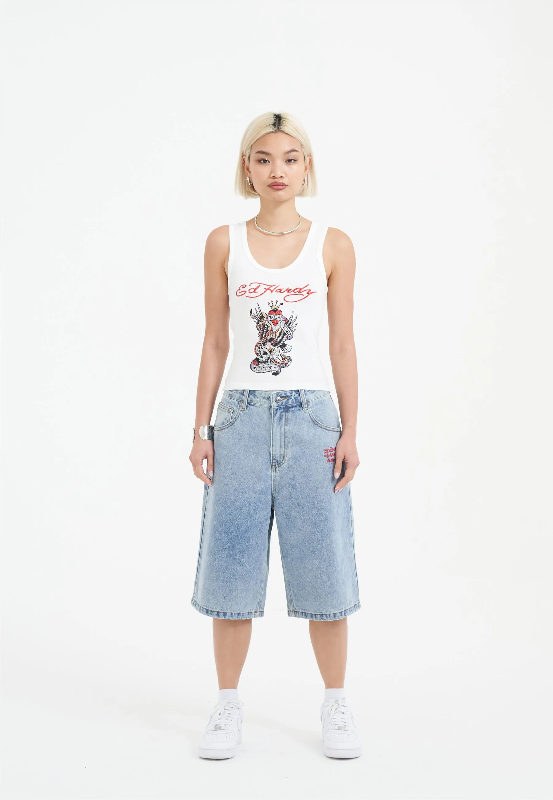 Womens Love Runs Wild Diamante Denim Jorts Shorts  - Bleach