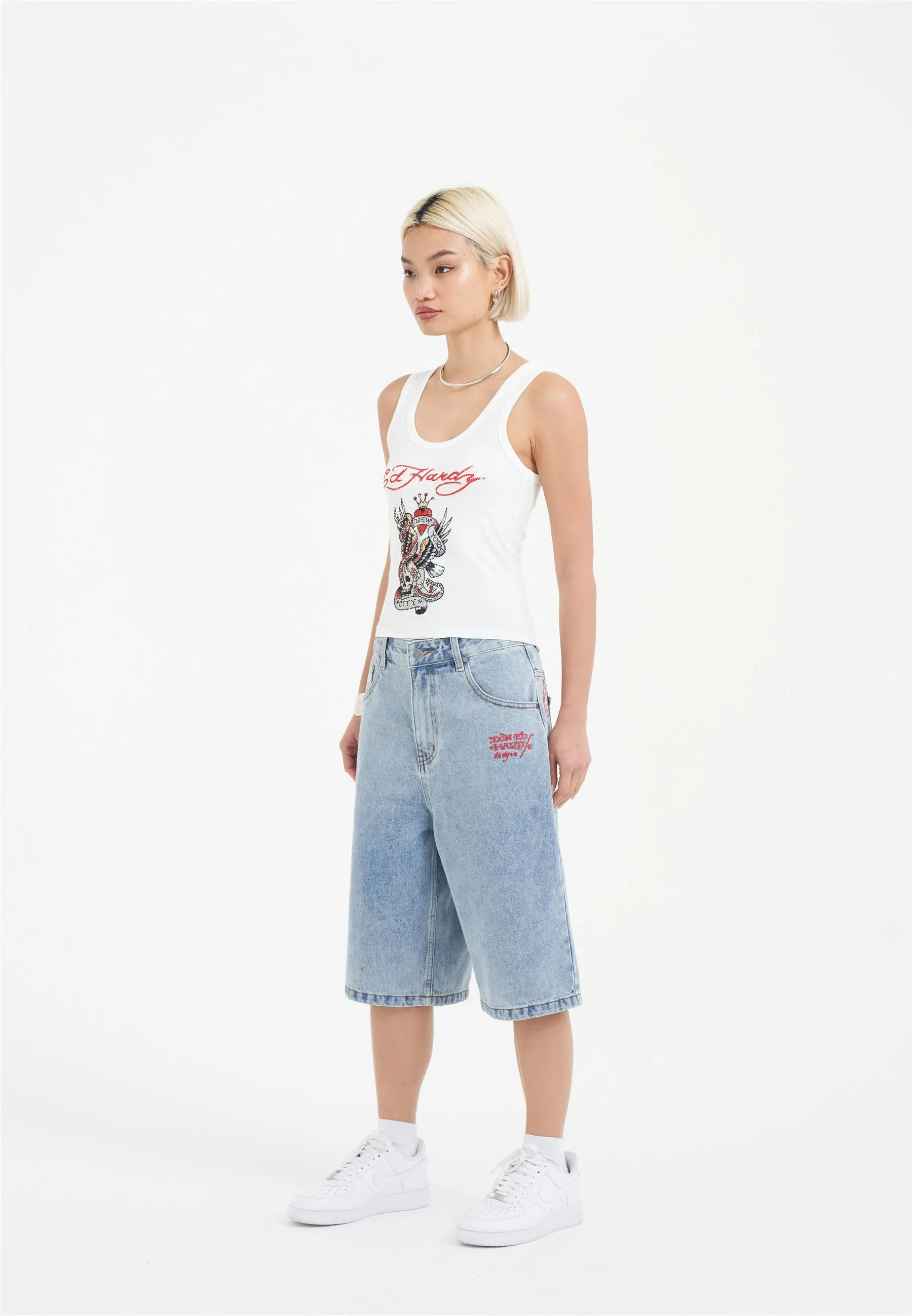 Womens Love Runs Wild Diamante Denim Jorts Shorts  - Bleach