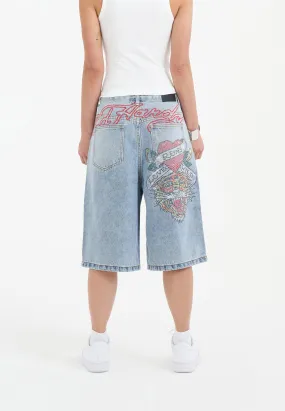 Womens Love Runs Wild Diamante Denim Jorts Shorts  - Bleach