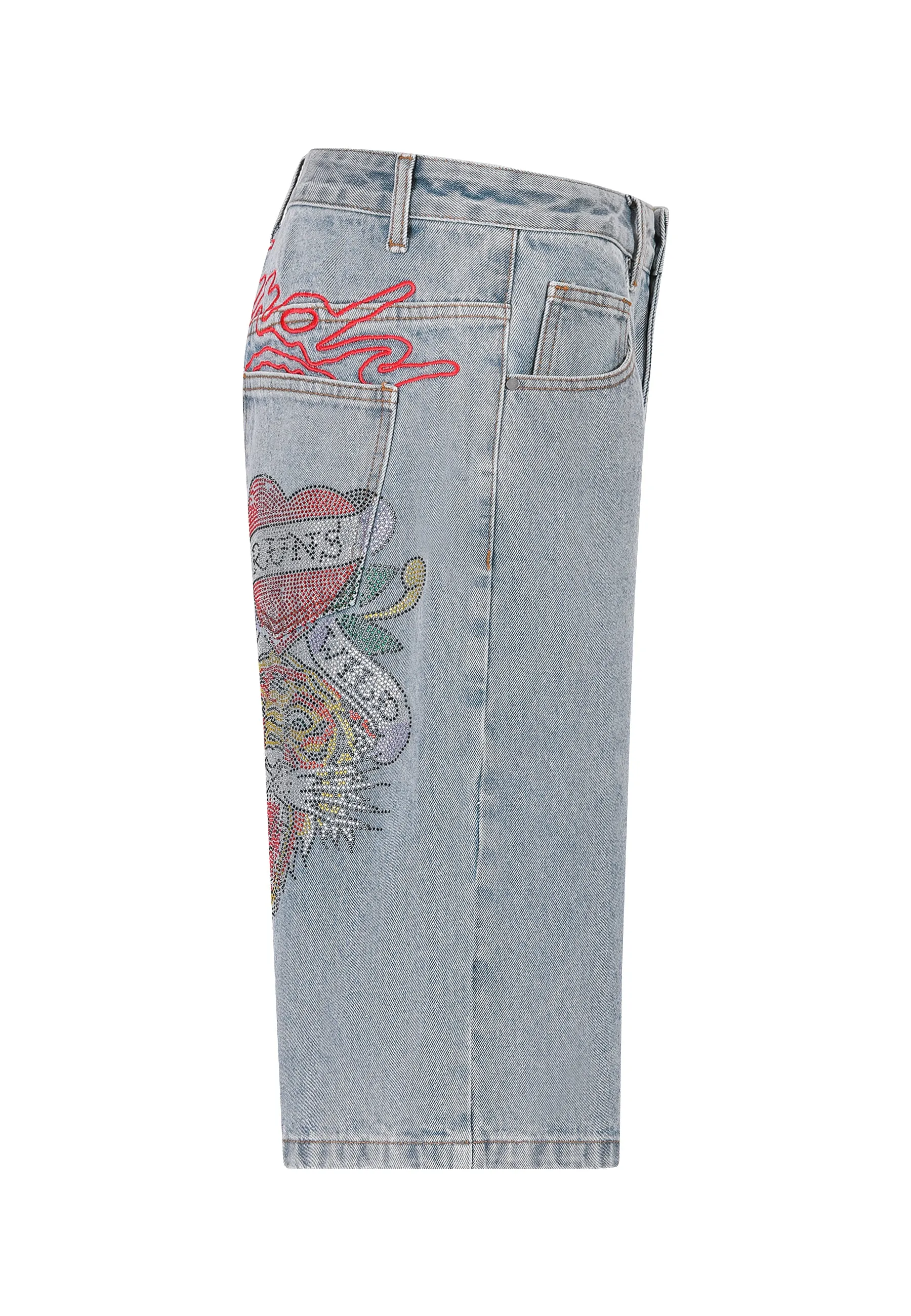 Womens Love Runs Wild Diamante Denim Jorts Shorts  - Bleach