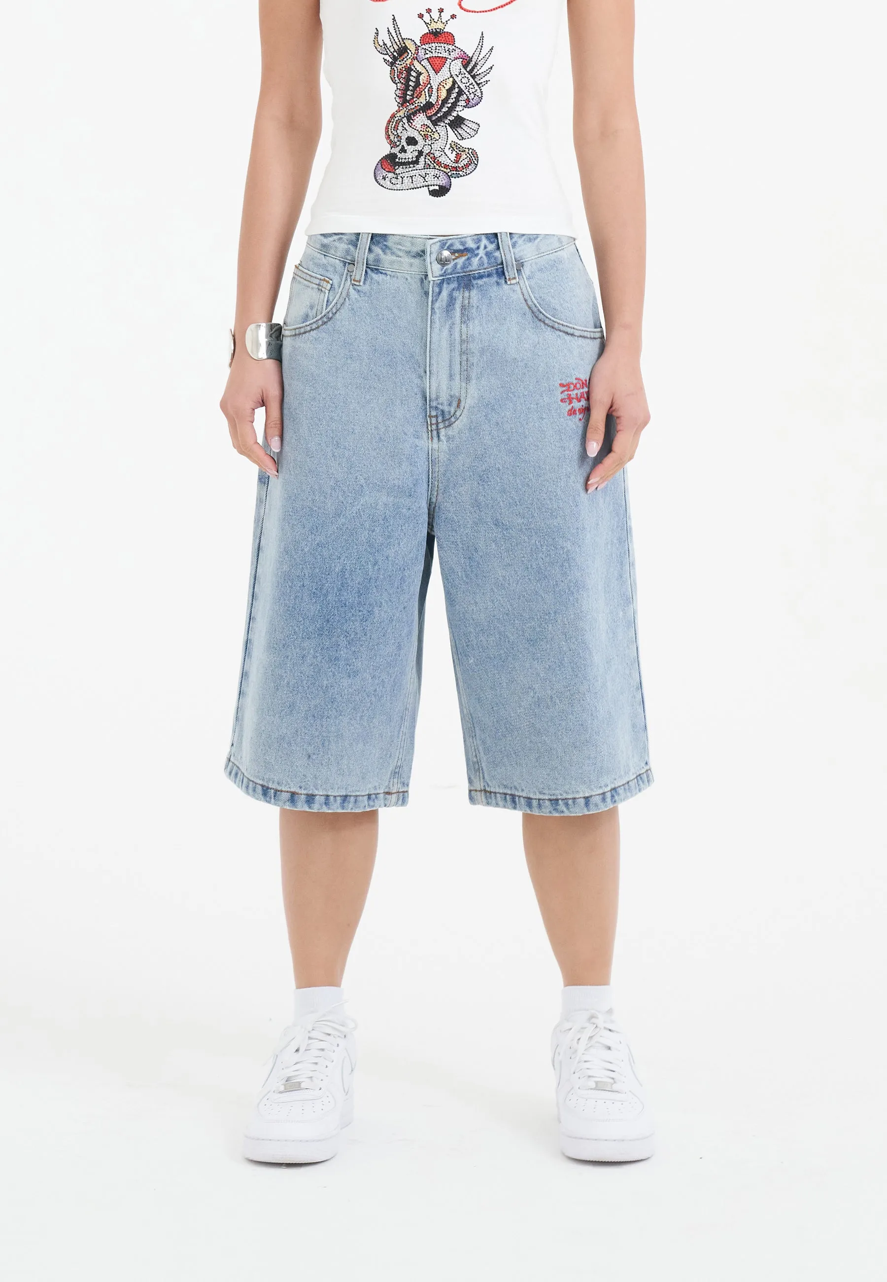 Womens Love Runs Wild Diamante Denim Jorts Shorts  - Bleach