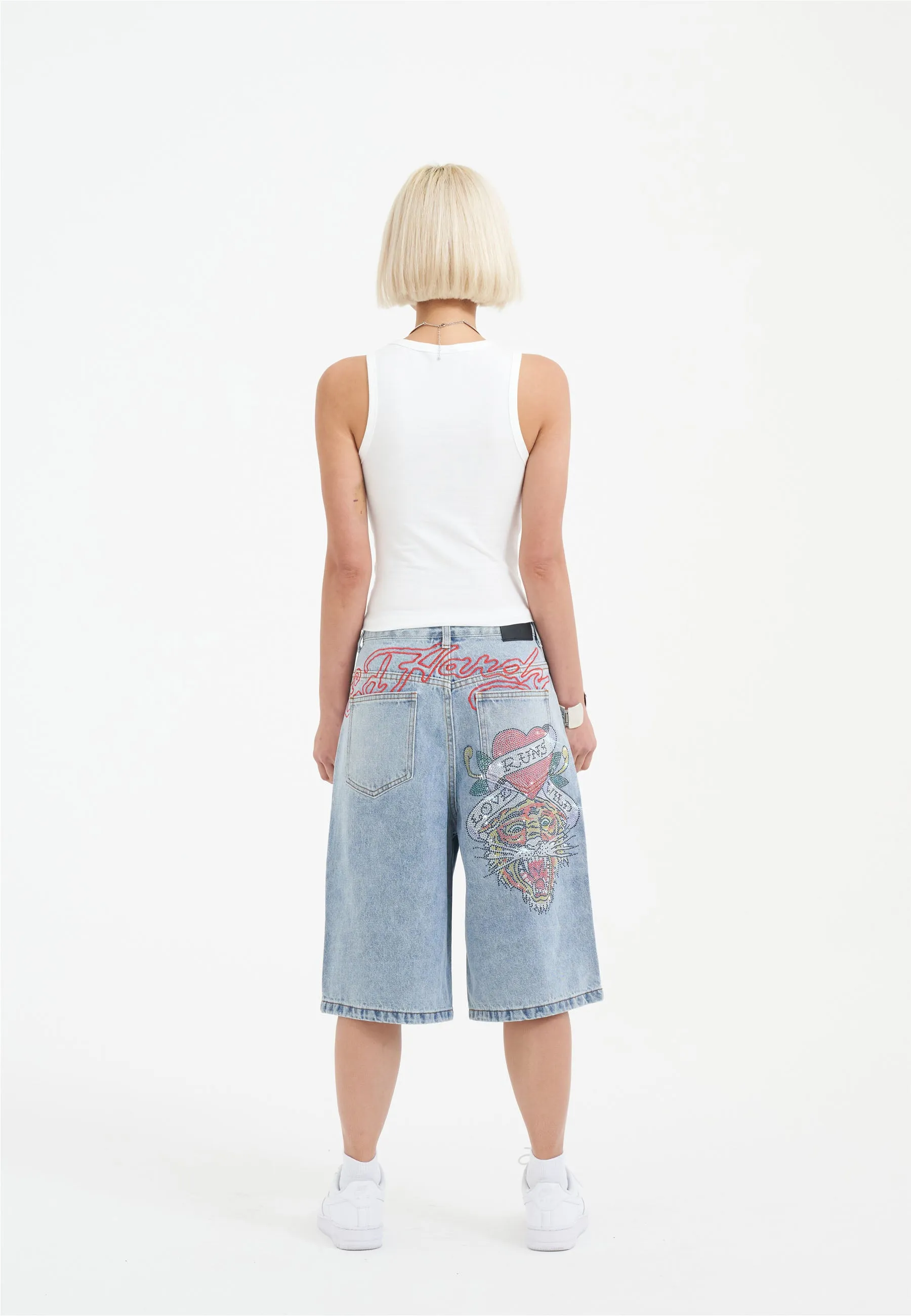 Womens Love Runs Wild Diamante Denim Jorts Shorts  - Bleach